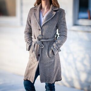 Vintage Y2K Herringbone Wool Blend Coat • Quiet Luxury Tweed Belted Long Jacket